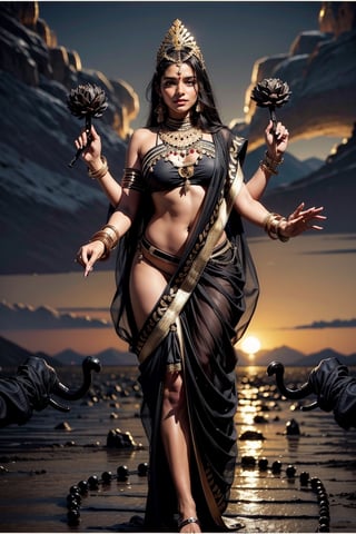 (masterpiece, best quality:1.4), sexy, perfect shape, ebony black-skinned Indian goddess with four arms, wearing black sari and gold jewellery, walking on a battlefield full of human bones, smiling, vibrant, heavy make-up, dark sky, desolate