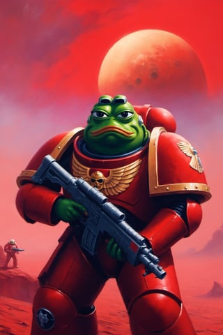 Pepe the frog(wearing space marine Armor without helmet, feels good, happy), background(mars, red sky), fantasy, Oil painting, heavy brush strokes, (Shot from distance)(masterpiece, highres, high quality:1.2), ambient occlusion, low saturation, High detailed, Detailedface, Dreamscape