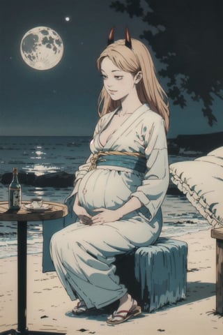 woman\(slim body, long yellow hair, yellow eye color, horns, jewelery, bridal gauntlets, rings, amulets, eyelashes, big breasts, large cleavage, wearing yukata, sandal, feminine, beautiful, mistress, pregnant\) The scene should convey a seductive and smug smile expression on her face, with an air of arrogance as she maintains eye contact with the viewer, (full body), sitting, background(beach, pillows, sky, night, moon, table(sake), pots with flowers),(masterpiece, highres, high quality:1.2), ambient occlusion, low saturation, High detailed, Detailedface