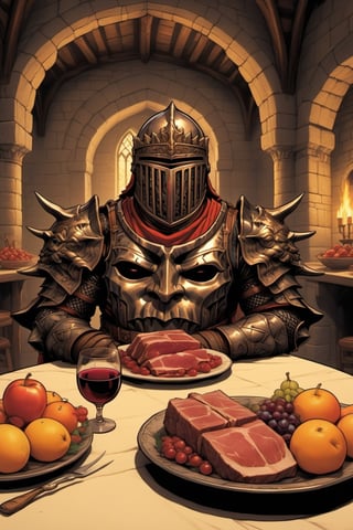 score_9, score_8, score_7, score_8_up, 1man(young, human, tall, wearing madness armor and helmet, sitting) long table, filled with cooked meat and fruits, wine on the table, inside a medieval castle kitchen,score_7_up,Retro art, (side view, different views, comic page), solo,comic book