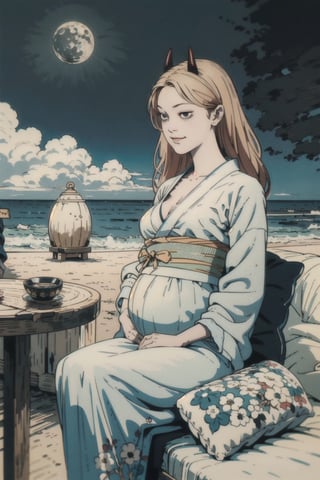 woman\(slim body, long yellow hair, yellow eye color, horns, jewelery, bridal gauntlets, rings, amulets, eyelashes, big breasts, large cleavage, wearing yukata, sandal, feminine, beautiful, mistress, pregnant\) The scene should convey a seductive and smug smile expression on her face, with an air of arrogance as she maintains eye contact with the viewer, (full body), sitting, background(beach, pillows, sky, night, moon, table(sake), pots with flowers),(masterpiece, highres, high quality:1.2), ambient occlusion, low saturation, High detailed, Detailedface