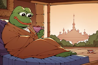 score_9, score_8, score_7, score_7_up, score_8_up, pepe the frog wearing Muslim white robe, sitting on a mattress, tea and grapes on the table, exterior, mosque, Arabian city, night stars