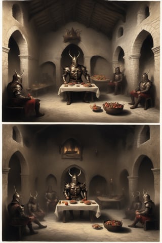 score_9, score_8, score_7, score_8_up, 1man(young, human, tall, wearing madness armor and helmet with horns, sitting) long table, filled with cooked meat and fruits, wine on the table, inside a medieval castle kitchen,score_7_up,Retro art, (side view, different views, comic page)