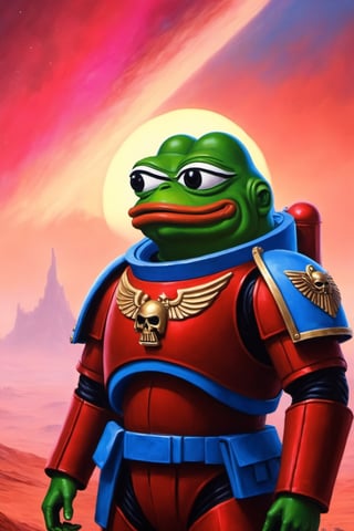 Pepe the frog(wearing space marine Armor without helmet, feels good, happy), background(mars, red sky), fantasy, Oil painting, heavy brush strokes, (Shot from distance)(masterpiece, highres, high quality:1.2), ambient occlusion, low saturation, High detailed, Detailedface, Dreamscape