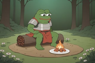 score_9, score_8, score_7, score_7_up, score_8_up, pepe the frog(wise, frog feet, quiet, wearing samurai armor with helmet and cuirass, ornate, light steel plate design which is worn over cloth padding), (full body) sitting on a log, coffee and rice on the table, campfire, background(forest, mushrooms, flowers, night), (solo), (masterpiece, highres, high quality:1.2), ambient occlusion, low saturation, High detailed, anime,