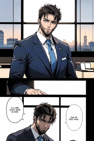 gigachad\(male, tall, giant, handsome, black hair, blue eyes, muscular, buisiness suit with tie\), standing, tired, in each panel, background(night, indoor, private office, staring at the city on a window) (masterpiece, highres, high quality:1.2), ambient occlusion, outstanding colors, low saturation,High detailed, Detailedface, Dreamscape,manga page