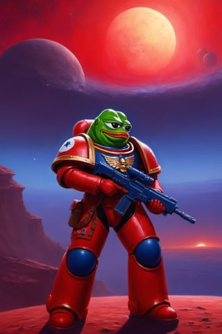 Pepe the frog(wearing space marine Armor without helmet, feels good, happy), background(mars, red sky), fantasy, Oil painting, heavy brush strokes, (Shot from distance)(masterpiece, highres, high quality:1.2), ambient occlusion, low saturation, High detailed, Detailedface, Dreamscape