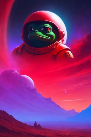 Pepe the frog(wearing space marine Armor without helmet, feels good, happy), background(mars, red sky), fantasy, Oil painting, heavy brush strokes, (Shot from distance)(masterpiece, highres, high quality:1.2), ambient occlusion, low saturation, High detailed, Detailedface, Dreamscape