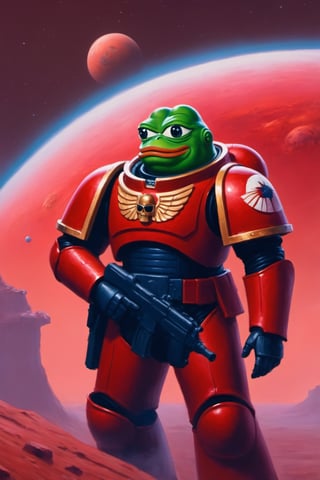 Pepe the frog(wearing space marine Armor without helmet, feels good, happy), background(mars, red sky), fantasy, Oil painting, heavy brush strokes, (Shot from distance)(masterpiece, highres, high quality:1.2), ambient occlusion, low saturation, High detailed, Detailedface, Dreamscape