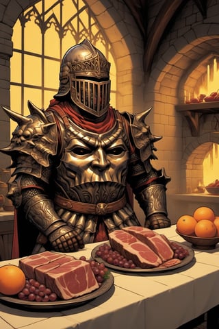 score_9, score_8, score_7, score_8_up, 1man(young, human, tall, wearing madness armor and helmet, sitting) long table, filled with cooked meat and fruits, wine on the table, inside a medieval castle kitchen,score_7_up,Retro art, (side view, different views, comic page), solo,comic book