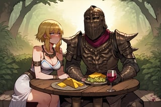 score_9, score_8, score_7, score_8_up, 1boy\(human, tall, wearing full madness armor and helmet\) with 1girl\(young, medium breasts, Lumine wearing full harem dress, jewellery, rings, amulet, bracelet, thicc thighs, wide hips, shy face, pouty lips, seductive\) and Paimon, (cheese, wine, cabbage on the table), both sitting on the floor, at the garden, both staring at each other