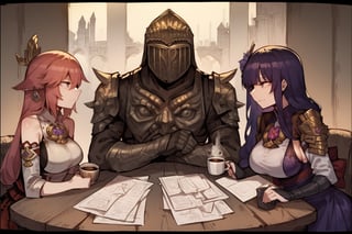 score_9, score_8, score_7, score_8_up, 1boy\(human, dark skin, giant, tall, wearing full madness armor and helmet, sitting on his chair, working\) hugged by 2girls\(big breasts, Raiden Shogun and Yae MIko, cute look on their face, pouty lips, seductive\), both staring at each other, (paper, scrolls, coffee on the table), indoor castle livingroom, score_7_up, side view