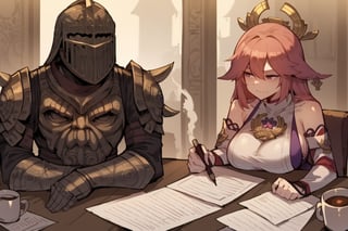 score_9, score_8, score_7, score_8_up, 1boy\(human, dark skin, giant, tall, wearing full madness armor and helmet, sitting on his chair, working\) hugged by 2girls\(big breasts, Raiden Shogun and Yae MIko, cute look on their face, pouty lips, seductive\), both staring at each other, (paper, scrolls, coffee on the table), indoor castle livingroom, score_7_up, side view