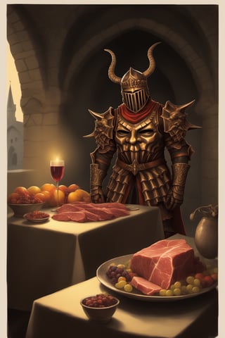 score_9, score_8, score_7, score_8_up, 1man(young, human, tall, wearing madness armor and helmet with distinctive horns, sitting) long table, filled with cooked meat and fruits, wine on the table, inside a medieval castle kitchen,score_7_up,Retro art, (side view, different views, comic page), solo