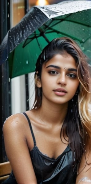 lovely cute young attractive indian teenage girl in a black crop top,  18 years old,  cute,  an Instagram model,  long blonde_hair,  brown colorful hair,  winter,  sitting outside a coffee shop in rain,  brigite bardot in the rain,  hair on her wet face , Indian, rain-soaked hair clinging to his forehead like in shower Realistic Photograph with a 40mm lens,  focusing on skin and  every raindrop. wet clothes,  rain drop visible and clear, looking stunning, attractive
