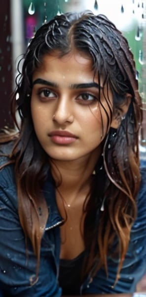 lovely cute young attractive indian teenage girl in a black crop top,  18 years old,  cute,  an Instagram model,  long blonde_hair,  brown colorful hair,  winter,  sitting outside a coffee shop in rain,  wet body, brigite bardot in the rain,  hair on her wet face , Indian, rain-soaked hair clinging to his forehead like in shower Realistic Photograph with a 40mm lens,  focusing on skin and  every raindrop. wet clothes,  rain drop visible and clear, looking stunning, attractive
