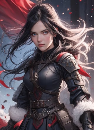 create a beautiful NORDIC WAR MAIDEN IN FIGHTING POSITION. BEAUTIFUL,  dark Black HAIR,  LONG HAIR,  BLUE EYES,  shes wearing black and red dress,  fur trim,  wide sleeves,  gloves,  fiercy,  elegant,  photo of perfecteyes eyes,  leonardo, , , , , 
