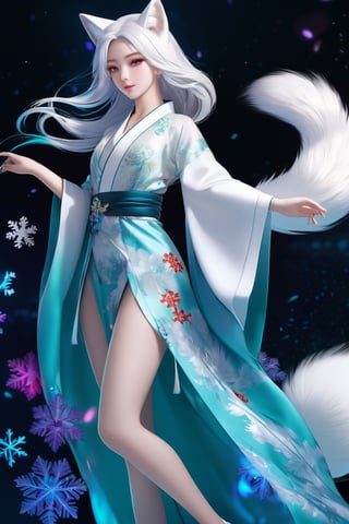 the fur beautiful, body, full body, hairyskin,fantasy, subsurface scattering, perfect anatomy,  glow, bloom, Bioluminescent liquid,china style,Movie Still, royal color, vibrant, volumetric light (masterpiece, top quality, best quality, official art, beautiful and aesthetic:1.2), (1girl),extreme detailed,(abstract, fractal art:1.3),colorful hair,highest detailed, detailed_eyes,snowflakes, ice crystals, light_particles,snow fox girl, babyface, perfect body, five fingers, perfect hands, anatomically perfect body, sexy posture,(aqua eyes), (white hair), long straight hair, wear semi-transparent red night dress very loose and slovenly, luxury kimono, ((model pose)), fur trim, wide sleeves, gloves, jacket, barefeet, beautiful white fox tail, fox, dance Stance,dynamic angle,depth of field, hyper detailed, highly detailed, beautiful, small details, ultra detailed, best quality, 4k,(whole body),spirit fox Pendant,mythical clouds,Xxmix_Catecat,cat