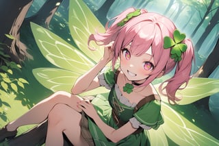 1 little girl, solo, from above, upper body,
pink hair, twintails, pink eyes, grin, smile, open mouth, teeth, innocent, cheerful, four leaf clover hair ornament, skirt, in forest, 1 hand on own head, fairy, fairy wings, floating, cross own legs,
choker, celts, St. Patrick's Day,
masterpiece, best quality, 