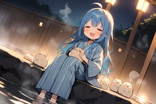 1 little girl, solo, diagonal angle,
blue hair, long hair, ahoge, =_=, open mouth, smile, cheerful, relaxing,
choker, long yukata, long_sleeves, long pants, closed neck, 
many cute hamsters on hands, >_<,
sitting by the onsen, 
Steam, kusatsu onsen, neon light up,
Ah, this feels so relaxing!,
masterpiece, best quality, very aestheric,