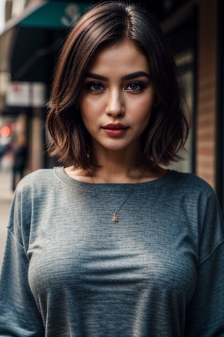 ((High Resolution)), ((High Detail)), Photo Realistic, (Masterpiece, Best Quality), 8k Portrait, beautiful woman in her 20s, in a city street, she has a thin face like a supermodel, ((big wide mouth, big collagen lips)), (raven colored hair in a stylish bob), big eyes, light sky blue eyes, large breasts, wearing a loose sweatshirt with the neck ripped out, skin tight 3/4 length capri jeans, detailed natural real skin texture, visible skin pores, anatomically correct, (PnMakeEnh),photo of perfecteyes eyes