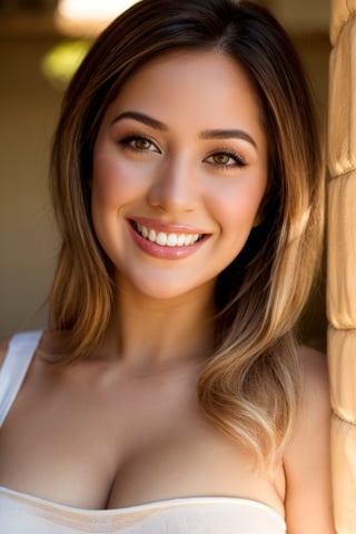 generate an image of a beautiful Latina woman, 19 years old, close up cowboy shot, (detailed hazel eyes), big beautiful smile with perfect teeth, realistic skin texture and pores, shoulder length light brown hair that turns blonde as it reaches the tips. Albsolutely amazing round breasts in a sheer summer linen dress. The perfect woman to marry. Perfect lighting.