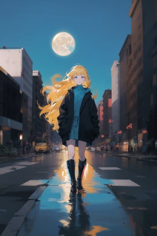 1girl, long hair, detailed face, blue background, blond hair, full body, asphalt, full body, (city:1.2), blue and black clothes, ribbon in hair, full body, black boots, solo, city, tarot artstyle, city, blue color palette, buildings, vibrant colors, dark theme, moon, asphalt floor, reflections, pale skin, asphalt, ,anime