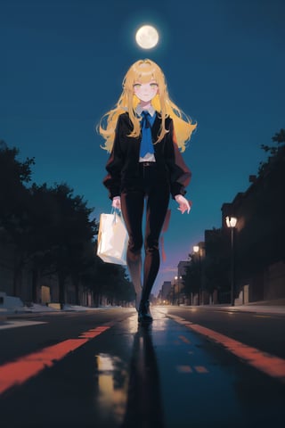 1girl, long hair, detailed face, blue background, blond hair, full body, asphalt, full body, (city:1.2), blue and black clothes, ribbon in hair, full body, black boots, solo, city, tarot artstyle, city, blue color palette, buildings, vibrant colors, dark theme, moon, asphalt floor, reflections, pale skin, asphalt, ,anime