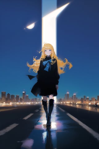 1girl, long hair, detailed face, blue background, blond hair, full body, asphalt, full body, (city:1.2), blue and black clothes, ribbon in hair, full body, black boots, solo, city, tarot artstyle, city, blue color palette, buildings, vibrant colors, dark theme, moon, asphalt floor, reflections, pale skin, asphalt, ,anime