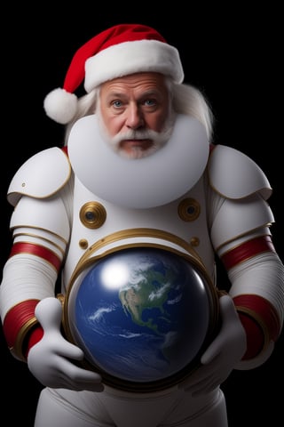 Full body portrait, wide-angle, Cinematic results,  image of a spaceman santa Claus, an old man with a big white beard wearing a futuristic space suit, big and round, with a huge helmet, in a white and red color scheme, floating in space, with planet earth on the background, Raw photo, analog, skin texture , high detail photography, blemishes, 35 mm, high quality image, medium format camera, Hasselblad, ultra high quality, insane detail, movie like light, Hyper realistic, perfect eyes, perfect hands, no makeup, volumetric lighting ,aw0k euphoric style,steampunk style,hightech_robotics,Movie Still,<lora:659095807385103906:1.0>