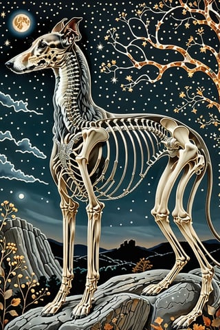 A majestic greyhound dog with intricate silver metal patterns adorning his skeletal structure. Climbing rocks in the country backdrop, surrounded by stars and constellations, illustrations, beautiful. The color palette is dominated by dark blua, silver, black and white, with the skeleton shining, being the most prominent feature, contrasting beautifully with the background elements.