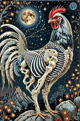 A majestic rooster with intricate silver metal patterns adorning his skeletal structure. Climbing rocks in the country backdrop, surrounded by stars and constellations, illustrations, beautiful. The color palette is dominated by dark blua, silver, black and white, with the skeleton shining, being the most prominent feature, contrasting beautifully with the background elements.