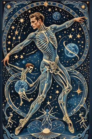 A majestic male ballet dancer with intricate blue metal patterns adorning his skeletal structure. The dancer is jumping in the air, amidst a horoscope signs backdrop, surrounded by stars and constellations illustrations beautiful. The color palette is dominated by dark blue, black and white, with the manr's skeleton shining, being the most prominent feature, contrasting beautifully with the background elements.