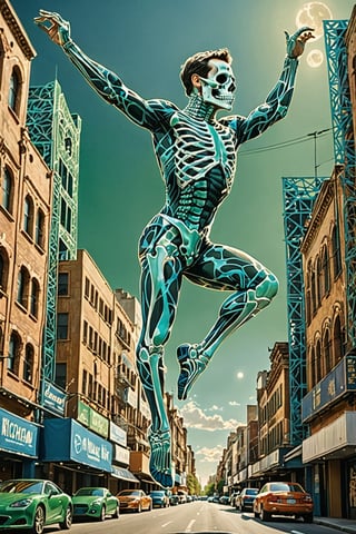 A majestic male ballet dancer with intricate blue metal patterns adorning his skeletal structure. The dancer is jumping in the air, amidst a city theater backdrop, surrounded by various fake cardboard cars and streets. The color palette is dominated by green and white, with the manr's skeleton shining, being the most prominent feature, contrasting beautifully with the background elements.,bold line,glitt3r