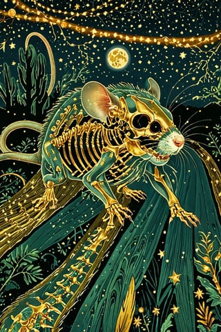 A majestic rat with intricate gold metal patterns adorning his skeletal structure. Jumping in the air, attacking with bared fangs, in the jungle backdrop, surrounded by stars and constellations, illustrations, beautiful. The color palette is dominated by dark blue, green, black and white, with the skeleton shining, being the most prominent feature, contrasting beautifully with the background elements.