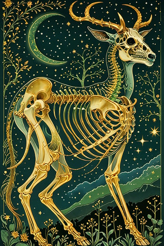 A majestic byll with intricate gold metal patterns adorning his skeletal structure. Jumping in the air, attacking with his horns, in the country backdrop, surrounded by stars and constellations, illustrations, beautiful. The color palette is dominated by dark blue, green, black and white, with the skeleton shining, being the most prominent feature, contrasting beautifully with the background elements.