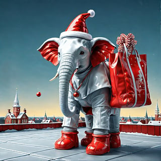 A robot elephant, with metallic bicolor body, red and white, a faux white beard and a Christmas hat, carrying a big red bag with his trunk, on a roof near a chimney, ultra high quality image, detailed, complex details, space background, full body image 