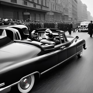 The president is riding in an open top car trough a big city avenue, (a sniper is aiming to his head from a window), ((a massive crowd watching)), (a big 1950s open limousine) , cloudy day, dynamic pose, great composition, high quality image, medium format camera, Hasselblad ,laura,dollskill,REALISTIC,Raw Photo,art_booster,MarianKelly,jorg karg