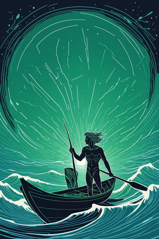 Illustration in the style of Cleon Peterson, The fisher god, he of the oar and the net, winds are his hair and his boat is swifter than lightning.  Sirius is in his bow, the whole y galaxy is his sail, illustrations, two color lineart, green and blue, sea colors 