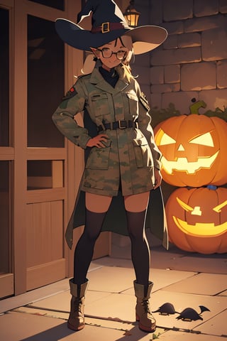 (anime:1.3)(illustration:1.3)Beautiful woman,happy,glasses,dark skin,pointy ears,full body,witch,halloween costume,camouflage military coat.