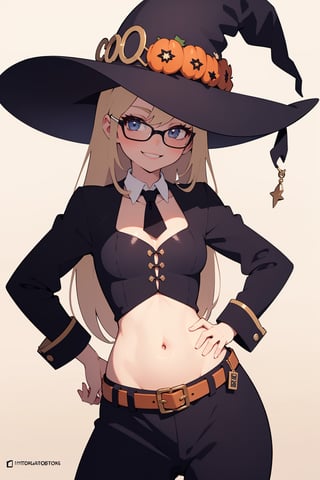 (illustration:1.3)(animation:1.3) 1girl,smile,glasses,long hair,cowboy shot, witch,place one's hands on one's hips, halloween venue.