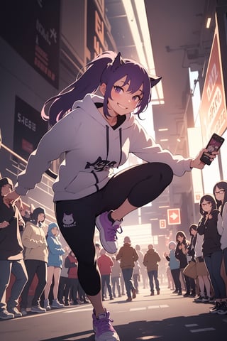 (illustration:1.3)(animation:1.3)1women,seductive smile,purple hair,long hair,long_ponytail,long hooded sweatshirt with zipper,flare skirt,cat breakdancing (meme),crowd.