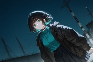 score_9_up,score_8_up, source_anime,solo,1girl,short-hair,multicolored_hair,bangs,skirt,shirt,black hair, long sleeves, green eyes,dutch_angle, full_body, pleated_skirt, open clothes, hood, blunt bangs, black jacket,choker,night,turtleneck,Nira-Chan,