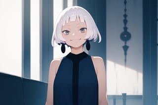 score_9_up,score_8_up, source_anime,solo,1girl,short-hair,bangs,dress,white_hair,blunt_bangs,evil_smile,indoors,Nira-Chan,off_shoulders,sleeveless