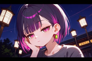 score_9_up,score_8_up, source_anime, (solo),1girl, vanishing point,atmospheric perspective, dutch angle,three quarter view,night,

 ,short hair, blunt bangs, black hair, closed mouth, pink eyes, purple hair, multicolored hair, two-tone hair,half closed eyes, portrait,

,Nira-Chan-StudyMe,