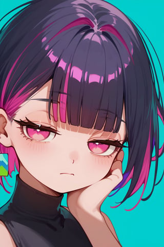 score_9_up,score_8_up, source_anime, (solo),1girl,(cyan_background),

 ,short hair, blunt bangs, black hair, closed mouth, pink eyes, purple hair, multicolored hair, two-tone hair,half closed eyes,cowboy_shot,

,Nira-Chan-StudyMe,