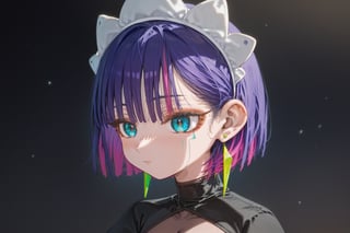 score_9_up,score_8_up, source_anime,solo,1girl, short hair, gloves, purple hair, multicolored hair, black gloves, maid headdress, earrings, Nira-Chan,