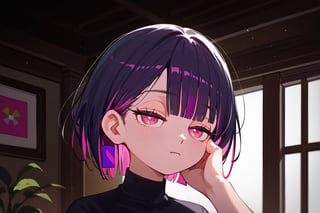 score_9_up,score_8_up, source_anime, (solo),1girl,night,room,

 ,short hair, blunt bangs, black hair, closed mouth, pink eyes, purple hair, multicolored hair, two-tone hair,half closed eyes, portrait,

,Nira-Chan-StudyMe,