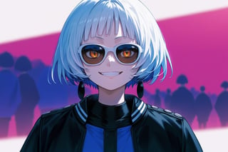 score_9_up,score_8_up, source_anime,solo,1girl,short-hair,bangs,long_sleeves,blue_dress,standing,jacket,white_hair,blunt_bangs,black_jacket,sunglasses,portrait,evil_smile,Nira-Chan