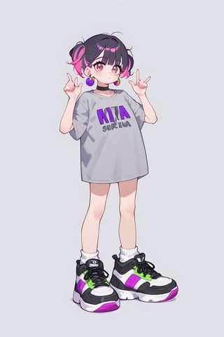 score_9_up,score_8_up, source_anime, (solo),1girl,

,short hair, bangs, simple background, shirt, black hair, jewelry, closed mouth, standing, purple eyes, full body, pink hair, purple hair, short sleeves, multicolored hair, earrings, shoes, choker, socks, pink eyes, grey background, black footwear, two-tone hair, hands up, white socks, sneakers, grey shirt,

,Nira-Chan-StudyMe,